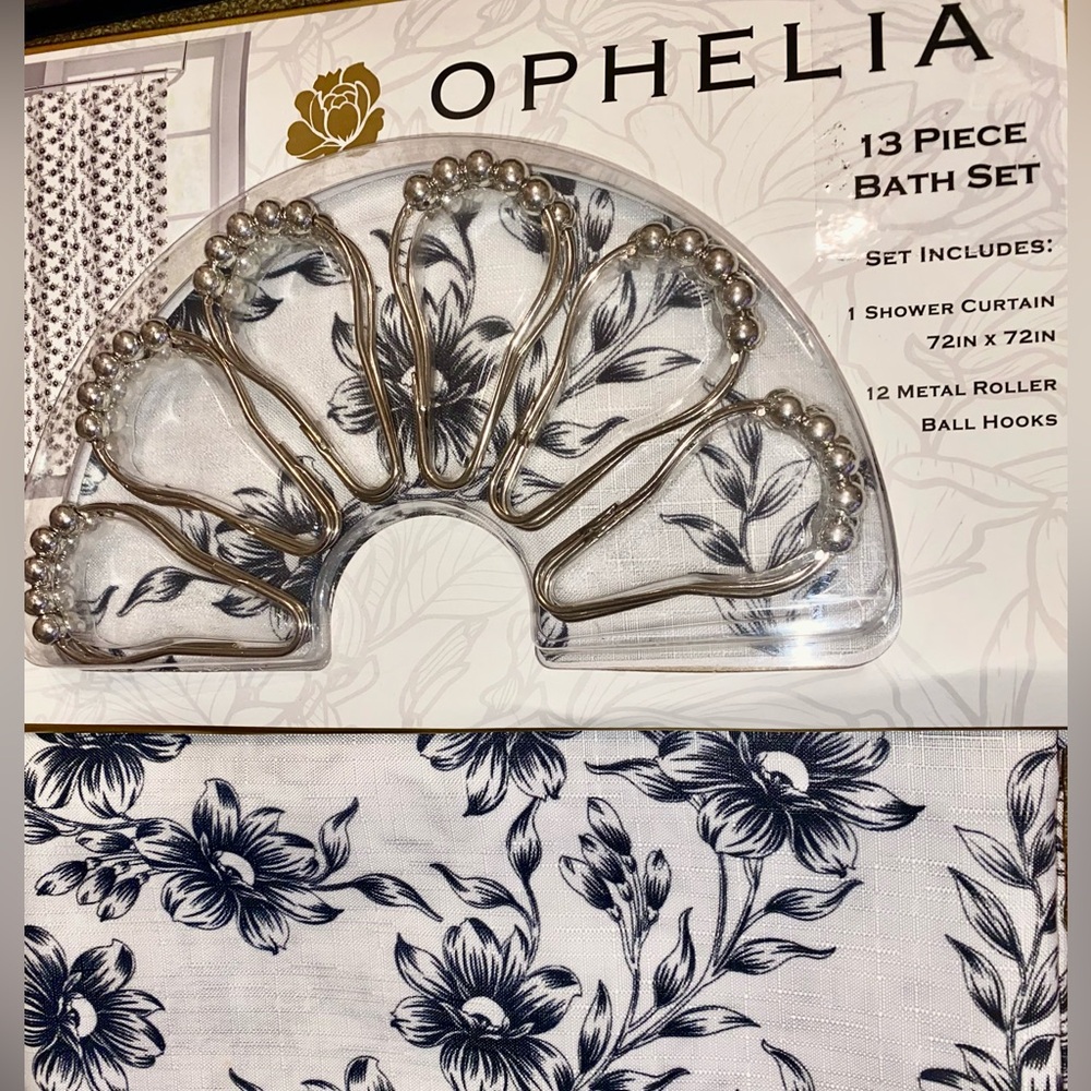 Shower Curtain Floral Black White Ophelia 13-Piece Set includes Metal Hooks